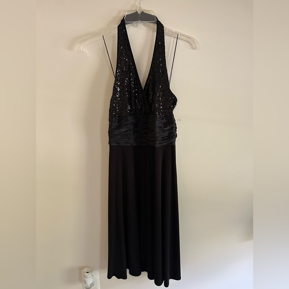 Donna Morgan black backless cocktail dress with sequined bodice.  Size 6